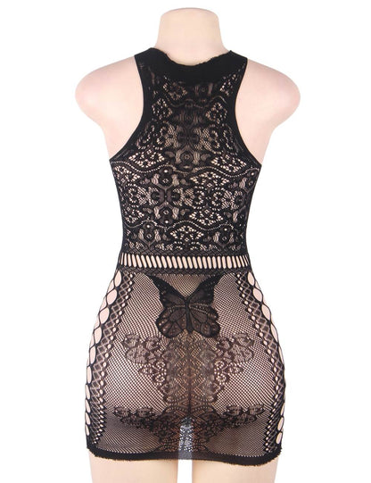 Sexy Black Lace Hollow Fishnet Bodycon Dress